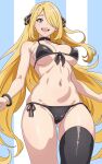  1girl asairosora ass_visible_through_thighs bikini black_bikini black_thighhighs blonde_hair breasts commentary cowboy_shot cynthia_(pokemon) from_below front-tie_bikini_top front-tie_top grey_eyes hair_over_one_eye highres large_breasts long_hair looking_at_viewer open_mouth pokemon side-tie_bikini_bottom single_thighhigh smile solo striped_background swimsuit teeth thighhighs upper_teeth_only very_long_hair 
