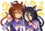  agnes_tachyon_(umamusume) ahoge animal_ear_fluff animal_ears black_hair blush bow bowtie brown_hair cat_day cat_ears cat_girl cat_tail earrings emil1030_blue fang hair_between_eyes highres jewelry long_bangs long_hair long_sleeves looking_at_viewer manhattan_cafe_(umamusume) multicolored_hair paw_pose purple_shirt red_eyes sailor_collar school_uniform shirt short_hair single_earring smile tail tail_raised tracen_school_uniform umamusume white_hair yellow_eyes 