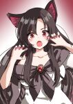  1girl animal_ears blush brooch brown_hair collarbone dress fang fingernails highres imaizumi_kagerou jewelry kabi_killer long_fingernails long_hair looking_at_viewer nail_polish open_mouth red_eyes red_nails sharp_fingernails short_sleeves solo touhou white_dress wolf_ears 