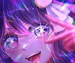  1girl arisu_art blurry close-up commentary_request depth_of_field hair_between_eyes hair_ornament hoshino_ai_(oshi_no_ko) long_hair looking_at_viewer open_mouth oshi_no_ko purple_eyes purple_hair rabbit_hair_ornament signature solo star-shaped_pupils star_(symbol) symbol-shaped_pupils teeth v_over_eye 