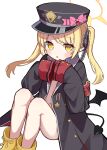  1girl absurdres ass black_coat black_headwear black_tail black_wings blonde_hair blue_archive blush boots breasts coat demon_tail demon_wings halo hat highres ibuki_(blue_archive) long_hair looking_at_viewer open_clothes open_coat open_mouth peaked_cap pointy_ears side_ponytail simple_background sleeves_past_fingers sleeves_past_wrists small_breasts solo tadashisa tail white_background wings yellow_eyes yellow_footwear yellow_halo 