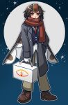  1jumangoku 1other :o androgynous blue_jacket briefcase brown_eyes brown_footwear brown_hair brown_pants buttons coat coattails collared_coat collared_shirt commentary eye_of_senri full_body full_moon gloves grey_coat hand_on_own_hip headgear holding holding_briefcase jacket kokutenshi_hibaru len&#039;en light_blush looking_at_viewer moon necktie night night_sky open_clothes open_coat other_focus outline pants parted_lips red_headwear red_necktie red_scarf scarf shirt shoes short_hair simple_background sky solo star_(sky) star_(symbol) starry_sky white_gloves white_outline white_shirt wings winter_clothes winter_coat 