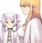  2girls breast_envy breasts capelet commentary_request drop_earrings earrings frieren green_eyes hair_tubes jewelry long_hair looking_at_another lulala615 medium_breasts multiple_girls orange_hair parted_bangs pointy_ears serie_(sousou_no_frieren) shirt simple_background sousou_no_frieren striped_clothes striped_shirt twintails white_background white_capelet 