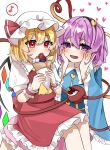  2girls :d :o ascot black_hairband blonde_hair blush buttons commentary crepe crossed_bangs crystal double-parted_bangs eyes_visible_through_hair fang feet_out_of_frame flandre_scarlet food frilled_shirt_collar frilled_skirt frilled_sleeves frilled_wrist_cuffs frills hair_between_eyes hair_ornament hairband hands_on_own_cheeks hands_on_own_face hands_up hat hat_ribbon heart heart_button heart_hair_ornament heart_of_string highres holding holding_food izumi_no_yasushi_aya komeiji_satori long_sleeves looking_at_another lovestruck mob_cap multiple_girls musical_note open_mouth puffy_short_sleeves puffy_sleeves purple_eyes purple_hair red_eyes red_ribbon red_skirt red_vest red_wrist_cuffs ribbon shirt short_hair short_sleeves signature simple_background sitting sitting_on_lap sitting_on_person skin_fang skirt smile spoken_musical_note teeth third_eye touhou upper_teeth_only vest white_background white_headwear white_shirt wide_sleeves wings wrist_cuffs yellow_ascot 