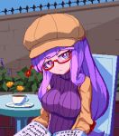 :&lt; book bow breasts brodall_pixel brown_headwear brown_jacket casual chair cup flower glasses hair_bow hat highres holding holding_book jacket large_breasts looking_at_viewer outdoors patchouli_knowledge pixel_art purple_eyes purple_hair purple_sweater red-framed_eyewear ribbed_sweater saucer sitting sweater table teacup touhou turtleneck turtleneck_sweater 