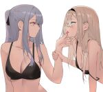  2girls ak-12_(girls&#039;_frontline) an-94_(girls&#039;_frontline) aqua_eyes black_bra black_hairband black_ribbon blonde_hair bra breasts cleavage eye_contact girls&#039;_frontline grabbing_another&#039;s_hand grey_hair hair_ribbon hairband hand_on_another&#039;s_chin highres long_hair looking_at_another medium_breasts multiple_girls pink_eyes ribbon saliva talnory tongue tongue_out underwear underwear_only upper_body yuri 