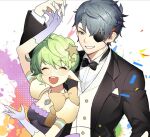  1boy 1girl :d ^_^ arm_up black_bow black_bowtie black_dress black_jacket blue_eyes blush bow bowtie breasts closed_eyes collared_shirt commentary confetti dress dress_shirt eyepatch frilled_dress frills gloves green_hair grey_hair hair_ornament holding_hands jacket long_sleeves open_clothes open_jacket pandoria_(xenoblade) puffy_short_sleeves puffy_sleeves purple_gloves round_teeth shirt short_sleeves small_breasts smile star_(symbol) star_hair_ornament stephanieh81080 suit symbol-only_commentary teeth upper_body upper_teeth_only vest white_shirt white_vest xenoblade_chronicles_(series) xenoblade_chronicles_2 zeke_von_genbu_(xenoblade) 