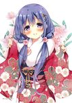  absurdres blue_eyes blush floral_background floral_print flower furisode grin hair_flower hair_ornament head_tilt heart highres japanese_clothes kimono long_hair looking_at_viewer low_twintails obi original pan_(mimi) parted_lips purple_eyes sash scan sleeves_past_wrists smile solo twintails very_long_hair white_background wide_sleeves 