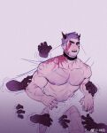  1boy bara beard_stubble blood blood_on_face cowboy_shot demon_horns facial_hair fleeing highres horns large_pectorals looking_back male_focus mature_male multiple_scars muscular muscular_male navel_hair nipples original pectorals scar solo_focus stomach stubble surrounded_by_hands thick_eyebrows topless_male xian_miao 