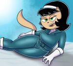 absurd_res anthro bedroom_eyes black_hair brown_body brown_fur clothed clothing felid female fur green_eyes hair hi_res legwear looking_at_viewer lying mammal narrowed_eyes nickelodeon olerr on_side open_mouth open_smile pinup pose seductive smile solo t.u.f.f._puppy thick_thighs tight_clothing tights