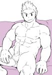  1boy abs ass_visible_through_thighs bad_id bad_tumblr_id bara boku_no_hero_academia completely_nude couch erection feet_out_of_frame greyscale_with_colored_background kuro_nezumi_inu looking_at_viewer male_focus muscular muscular_male navel nipples nude on_couch pac-man_eyes pectorals penis short_hair solo stomach thick_eyebrows thighs togata_mirio v-shaped_eyebrows 