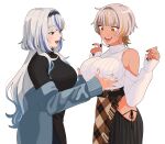  2girls artist_request black_nails black_skirt black_sweater blonde_hair blue_coat blue_eyes blue_hair breasts brown_eyes clothing_cutout coat crossed_bangs earrings grabbing grabbing_another&#039;s_breast grey_hair hair_ornament highres hip_vent hoop_earrings jewelry large_breasts long_hair luvdia multicolored_hair multiple_girls off_shoulder open_mouth park_dona ring shoulder_cutout skirt streaked_hair sweat sweater tan turtleneck turtleneck_sweater vlyz white_sweater yun_eze yuri 