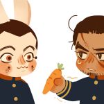  2boys animal_ears blue_jacket bright_pupils brown_eyes brown_hair carrot chengongzi123 closed_mouth deformed facial_hair feeding goatee_stubble golden_kamuy hand_up highres holding holding_carrot jacket kemonomimi_mode long_sleeves looking_at_another male_focus military_uniform multiple_boys orange_eyes rabbit_ears raised_eyebrows rikimatsu_ariko scar scar_on_face short_hair simple_background stubble sweatdrop thick_eyebrows trembling uniform upper_body usami_tokishige very_short_hair white_background 