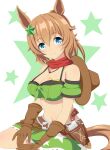  1girl animal_ears armband bandana bare_shoulders blue_eyes breasts brown_gloves brown_hair brown_headwear cleavage commentary_request gloves green_armband green_skirt gun gurukorian hair_between_eyes hair_ornament hands_on_own_hips highres holster holstered horse_ears horse_girl large_breasts long_hair looking_at_viewer ponytail red_bandana revolver simple_background skirt smile solo star_(symbol) star_hair_ornament star_print taiki_shuttle_(umamusume) umamusume upper_body weapon white_background 