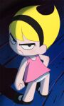  1girl blonde_hair clenched_hand closed_mouth dress frown full_body hairband haruyama_kazunori long_hair looking_at_viewer mandy_(grim_adventures) official_style panties pink_dress shadow short_hair skirt solo the_grim_adventures_of_billy_&amp;_mandy underwear white_panties wooden_floor 