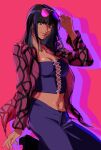  1girl black_hair blunt_bangs crop_top cross-laced_clothes cross-laced_top highres looking_to_the_side medium_hair navel nico_robin one_piece open_clothes open_shirt pants pink_background purple-tinted_eyewear purple_pants purple_shirt shirt simple_background smile solo sunglasses sweepswoop tinted_eyewear 