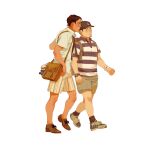  2boys backpack bag baseball_cap brown_bag brown_footwear brown_hair brown_headwear brown_shorts brown_socks character_doll chengongzi123 collared_shirt contemporary dark-skinned_male dark_skin facial_hair full_body goatee_stubble golden_kamuy green_eyes hand_on_another&#039;s_shoulder hand_up hat highres koito_otonoshin long_hair looking_to_the_side male_focus multiple_boys open_mouth satchel shirt shoes short_hair short_sleeves shorts simple_background sneakers socks striped_clothes striped_shirt striped_shorts stubble tsukishima_hajime tsurumi_tokushirou very_long_hair walking watch white_background wristwatch 