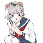 1girl :3 alternate_costume animal_ears animal_nose blue_sailor_collar blue_skirt blush closed_mouth feet_out_of_frame grey_eyes grey_hair hands_up highres long_sleeves looking_at_viewer mizu&#039;24 mode_aim neckerchief own_hands_together pleated_skirt ponpoko_(vtuber) raccoon_ears raccoon_girl red_neckerchief sailor_collar school_uniform serafuku shirt short_hair simple_background skirt solo squatting steepled_fingers upturned_eyes virtual_youtuber white_background white_shirt 