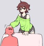  2boys absurdres black_shorts black_tank_top blush brown_eyes brown_hair couch green_sweater headpat highres looking_at_another meltyloo multiple_boys open_mouth original otomore_(shashaki) short_hair short_shorts shorts simple_background smile sweater tank_top white_background 