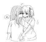  2girls blush closed_eyes closed_mouth collarbone commentary doodle943545 greyscale hair_ribbon hashtag_only_commentary holding_another&#039;s_wrist inoue_takina kiss kissing_cheek long_hair lycoris_recoil monochrome multiple_girls nishikigi_chisato one_side_up ribbon shirt short_hair sidelocks simple_background sketch upper_body yuri 