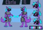 amputee anthro balls blue_hair broken_horn chris_(crabwater) crab_claw disability fur genitals hair hi_res horn machine male mkay penis protogen purple_body purple_eyes purple_fur simple_background solo