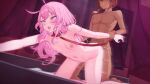  1boy 1girl absurdres ahegao all_fours animal_collar arm_held_back breasts collar cross-shaped_pupils curtains doggystyle eien_project fang fucked_silly hetero highres kiki_lockheart leash long_hair lunarisbloom motion_lines navel nipples nude pink_eyes pink_hair red_collar rolling_eyes sex sex_from_behind skin_fang small_breasts sweat symbol-shaped_pupils tongue tongue_out 