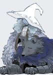  1boy 1girl absurdres animal_ears ara_4x4 armor blaidd_the_half-wolf blue_eyes blue_hair blue_skin cloak closed_mouth colored_sclera colored_skin elden_ring fur_cloak furry furry_male gauntlets grey_fur hat highres long_hair looking_at_another one_eye_closed petting ranni_the_witch smile snout sweatdrop white_background white_headwear witch witch_hat wolf_boy wolf_head 