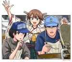  1boy 2girls apron black_eyes black_hair blue_headwear brown_hair commentary_request cooking_pot cowboy_shot detached_sleeves glasses grey_eyes headgear heizou_(hezo3361) hiei_(kancolle) highres japan_maritime_self-defense_force japan_self-defense_force japanese_clothes kantai_collection military multiple_girls nontraditional_miko open_mouth original plaid plaid_skirt pleated_skirt short_hair skirt spoon 