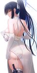  1girl absurdres ass black_hair blue_archive blue_eyes blue_halo breasts closed_mouth cowboy_shot dress elbow_gloves garter_straps gloves halo highres large_breasts long_hair ni_tamago_sando official_alternate_costume saori_(blue_archive) saori_(dress)_(blue_archive) simple_background solo strapless strapless_dress thighhighs white_background white_dress white_gloves white_thighhighs 
