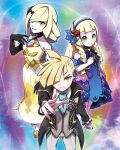  1boy 2girls artist_request black_gloves blonde_hair blue_hairband blue_necktie brother_and_sister collarbone commentary_request dress ear_piercing gladion_(pokemon) gladion_(sygna_suit)_(pokemon) gloves hair_over_one_eye hairband highres lillie_(anniversary_2021)_(pokemon) lillie_(pokemon) looking_at_viewer lusamine_(pokemon) lusamine_(sygna_suit)_(pokemon) mother_and_daughter mother_and_son multiple_girls necktie official_alternate_costume official_art outstretched_arm piercing pokemon pokemon_masters_ex siblings sleeveless sleeveless_dress white_gloves yellow_dress 