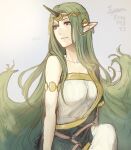  1girl breasts cm_lynarc commentary dress fire_emblem fire_emblem_echoes:_shadows_of_valentia green_hair grey_background grey_eyes highres horns long_hair medium_breasts mila_(fire_emblem) pointy_ears single-shoulder_dress single_bare_shoulder single_horn single_sleeve smile solo strapless tube_top upper_body very_long_hair 