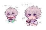  1boy bags_under_eyes bare_shoulders chibi chiimako detached_sleeves doughnut fingerless_gloves food gloves gnosia grey_eyes grey_hair hair_between_eyes looking_at_viewer male_focus multiple_persona purple_eyes remnan_(gnosia) short_hair simple_background translation_request v-shaped_eyebrows white_background 