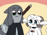 alpine_goat anthro big_sword blue_eyes bovid canid canine canis caprine clothing collar domestic_goat duo eina_(fiddleafox) female fiddleafox fur goat green_eyes grey_body grey_fur horn male male/female mammal pop_team_epic sigrid_(fiddleafox) white_body white_fur wolf