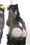  1girl ass black_hair black_panties breasts camouflage camouflage_pants clothes_pull eyewear_on_head highres jacket large_breasts long_hair long_sleeves mimyo mirror original panties pants pants_pull ponytail solo turtleneck turtleneck_jacket underwear white_background 