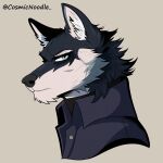 anthro blue_body blue_eyes blue_fur bust_portrait canid canine canis clothed clothing coat cosmic_noodle digital_media_(artwork) fur hi_res looking_at_viewer male mammal multicolored_body multicolored_fur portrait shaded solo sweater topwear turtleneck white_body white_fur white_sclera wolf