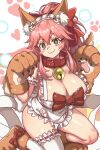  1girl animal_ear_fluff animal_ears animal_hands apron bare_shoulders bell blush bow breasts cat_hair_ornament cleavage collar ebora fate/extra fate/grand_order fate_(series) fox_ears fox_girl fox_tail frills gloves hair_bow hair_ornament highres jingle_bell large_breasts long_hair looking_at_viewer maid_headdress naked_apron neck_bell paw_gloves paw_shoes pink_hair ponytail red_bow sidelocks single_thighhigh smile solo tail tamamo_cat_(third_ascension)_(fate) thighhighs thighs white_thighhighs yellow_eyes 