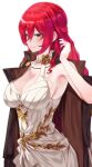  1girl bare_shoulders black_coat breasts choker cleavage closed_mouth coat coat_on_shoulders dress earrings flower hair_between_eyes hair_flower hair_ornament highres himeko_(honkai:_star_rail) honkai:_star_rail honkai_(series) jewelry large_breasts long_hair looking_at_viewer red_hair sash single_bare_shoulder smile solo uenoryoma white_dress yellow_eyes 