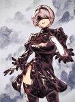  1girl 2b_(nier:automata) aojirozame1228 black_blindfold black_dress black_gloves black_hairband black_thighhighs blindfold breasts cleavage_cutout clothing_cutout cowboy_shot dress facing_viewer gloves grey_background grey_hair hairband hand_on_own_chest hand_up highres juliet_sleeves large_breasts long_sleeves looking_at_viewer mole mole_under_mouth nier:automata nier_(series) parted_lips puffy_sleeves short_hair smoke solo standing thighhighs white_sleeves 