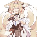  1girl :d ^_^ animal_ear_fluff animal_ears apron arknights bare_shoulders black_gloves blonde_hair blue_hairband braid closed_eyes eunsae_(k40fflliu) facing_viewer fox_ears fox_girl fox_tail gloves hair_between_eyes hair_rings hairband hands_up heart heart_hands highres kitsune purple_skirt shirt simple_background single_glove sketch skirt smile solo suzuran_(arknights) tail twin_braids waist_apron white_apron white_background white_shirt wrist_cuffs 