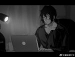  1boy blurry blurry_background boku_no_hero_academia closed_mouth collarbone computer cup desk_lamp eraser_head_(boku_no_hero_academia) facial_hair fingernails glasses greyscale highres lamp laptop letterboxed long_sleeves looking_at_screen male_focus monochrome mug mustache_stubble nyan_2020 pectoral_cleavage pectorals ponytail screen_light short_hair sitting solo sparse_stubble stubble weibo_logo 