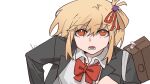  1girl bag black_jacket blonde_hair bright_pupils chinese_commentary collared_shirt commentary_request hair_ornament hair_ribbon highres jacket long_sleeves looking_at_viewer lycoris_recoil medium_hair nishikigi_chisato one_side_up open_clothes open_jacket open_mouth orange_eyes red_ribbon ribbon school_uniform shirt shoulder_bag simple_background solo star_(symbol) star_hair_ornament upper_body white_background white_pupils white_shirt yanlingjinshilihuahua 