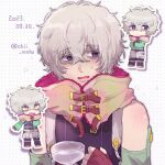  1boy bags_under_eyes bare_shoulders chibi chiimako detached_sleeves fingerless_gloves gloves gnosia grey_eyes grey_hair hair_between_eyes looking_at_viewer male_focus multiple_persona purple_eyes remnan_(gnosia) short_hair simple_background v-shaped_eyebrows white_background 