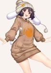  1girl :3 alternate_costume animal_ears badge beanie black_hair blush breasts brown_headwear brown_hoodie button_badge carrot_pin commentary_request cowboy_shot floppy_ears hat hataraki_kuma hood hoodie inaba_tewi looking_at_viewer medium_bangs no_pants open_mouth pom_pom_(clothes) rabbit_ears rabbit_girl rabbit_tail short_hair simple_background small_breasts smile solo tail touhou white_background 