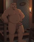 absurd_res anthro bear bodily_fluids elliot_softarm eye_patch eyewear foreskin genital_fluids genitals hi_res hughhhh inn male mammal nude pecs penis precum slightly_chubby solo solo_focus stairs tavern