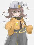  1girl :d arknights black_shirt brown_eyes brown_hair cement_(arknights) commentary_request cropped_jacket enunomiya grey_background grey_hair grey_headwear grey_skirt grid_background hair_between_eyes hand_up helmet highres jacket long_sleeves looking_at_viewer multicolored_hair shirt skirt sleeves_past_fingers sleeves_past_wrists smile solo streaked_hair yellow_jacket 