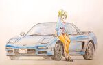  1girl blonde_hair blue_car blue_jacket breasts car character_request cleavage closed_mouth commentary copyright_request cwind eyelashes full_body hand_on_own_thigh high_heels honda honda_nsx jacket leaning_on_object license_plate long_sleeves looking_at_viewer medium_breasts motor_vehicle orange_pants pants pink_shirt ponytail shadow shirt sidelocks simple_background solo sports_car traditional_media vehicle_focus white_background 