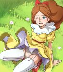 1girl breasts brown_hair character_request dress flower full_body garter_straps grass haruyama_kazunori long_hair looking_at_viewer one_eye_closed open_mouth panties retro_artstyle solo thighhighs underwear white_panties white_thighhighs yellow_dress 