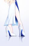  1girl ayumu_(blue_archive) blue_archive dress gensui_hime gradient_background head_out_of_frame high_heels highres kneepits legs reflective_floor solo white_dress white_footwear 