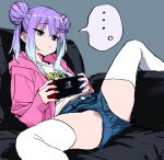  ... 1girl :&lt; anima_lyon blue_eyes blue_hair capcom closed_mouth company_name couch denim denim_shorts double_bun feet_out_of_frame furrowed_brow gradient_hair grey_background hair_bun hair_ornament hairclip handheld_game_console highres holding holding_handheld_game_console hood hood_down hoodie indie_virtual_youtuber long_hair long_sleeves looking_at_screen multicolored_hair nintendo_switch on_couch open_clothes open_hoodie pink_hoodie playing_games print_shirt purple_hair raised_eyebrows sadamoto_hokuto shirt short_shorts shorts sidelocks simple_background sitting solo spoken_ellipsis spread_legs text_print thighhighs virtual_youtuber white_shirt white_thighhighs 