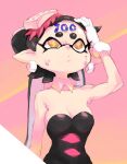  1girl bare_arms black_hair black_jumpsuit bow-shaped_hair breasts callie_(splatoon) cleavage collarbone detached_collar earrings food food_on_head gloves hoop_earrings jewelry jumpsuit long_hair medium_breasts mole mole_under_eye object_on_head pointy_ears short_jumpsuit solo splatoon_(series) squid_girl strapless_jumpsuit swept_bangs tentacle_hair thick_eyebrows tooth_earrings twintails upper_body white_gloves yellow_eyes yuta_agc 